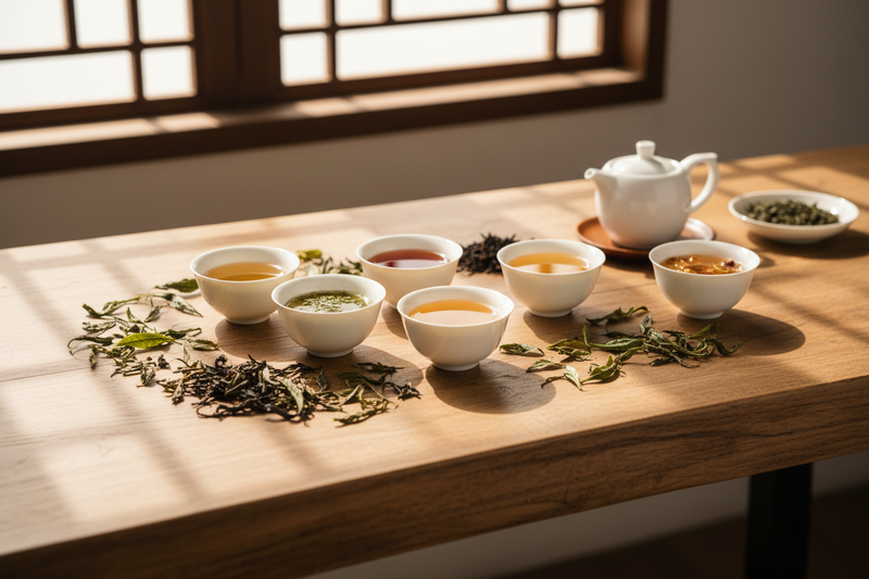 Healthy tea including green tea, black tea, white tea, oolong tea, and herbal tea served in traditional Chinese teaware.