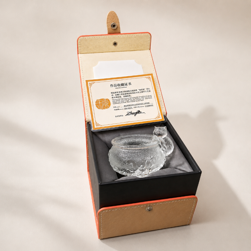 Clear glass cat-shaped teacup presented in a premium gift box with a collectible certificate.