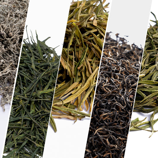 5 tea samples: Vine Tea, Enshi Yulu, Xianfeng White Tea, Jin Junmei, Xianfeng Nai Bai Tea