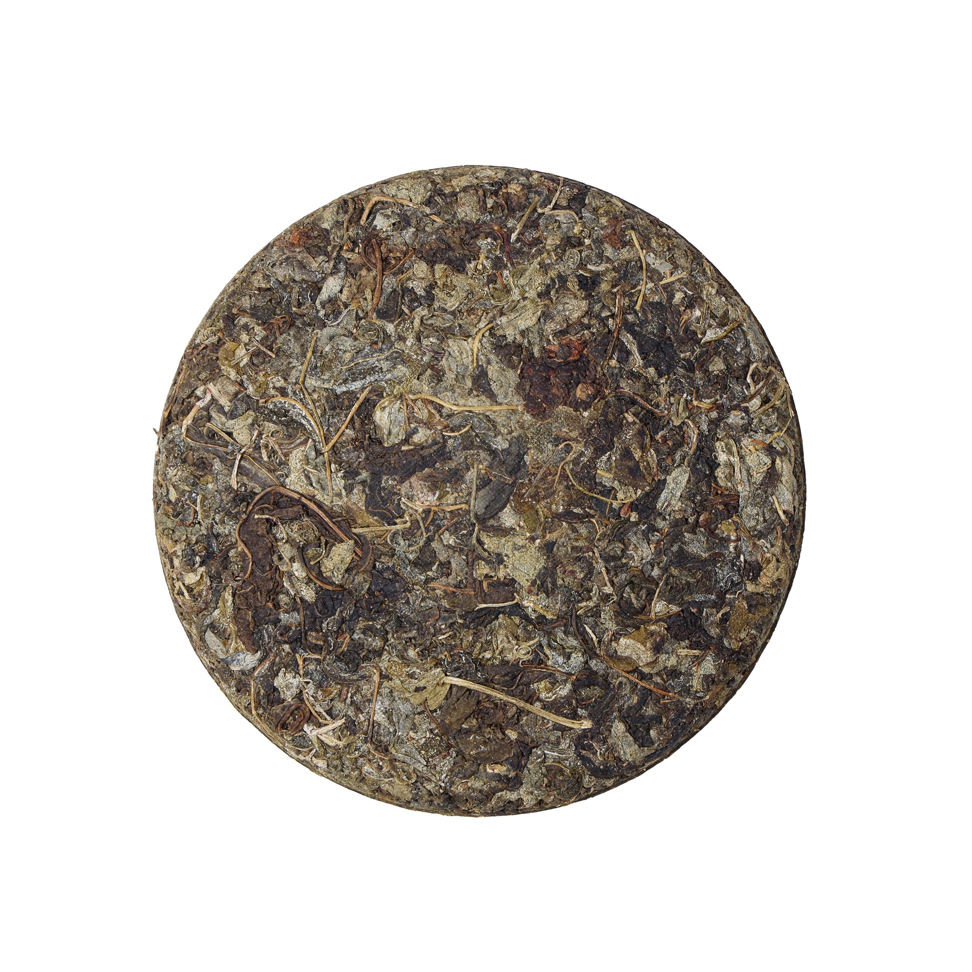 6-year-aged Laifeng Vine Tea cake from Hubei, China, featuring naturally fermented herbal tea leaves with a rich aged character and traditional craftsmanship