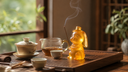 Amber Chinese liuli gentleman rabbit incense holder with burning incense displayed beside a traditional Gongfu tea set.
