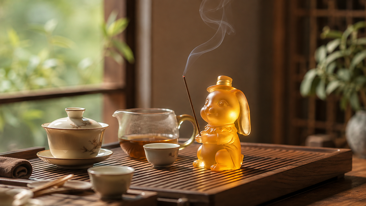 Amber Chinese liuli gentleman rabbit incense holder with burning incense displayed beside a traditional Gongfu tea set.