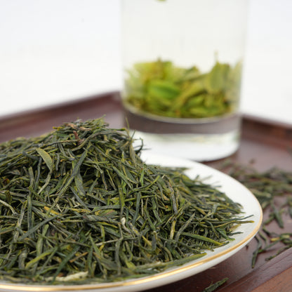 Authentic Chinese steamed green tea from Enshi, showcasing high-quality loose leaves ready to deliver a fresh and sweet flavor.