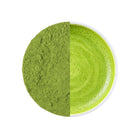 Ceremonial matcha powder and freshly whisked matcha tea comparison, showing the vibrant green color and fine texture of premium Japanese-style matcha powder