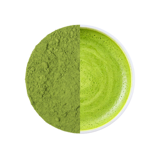 Ceremonial matcha powder and freshly whisked matcha tea comparison, showing the vibrant green color and fine texture of premium Japanese-style matcha powder