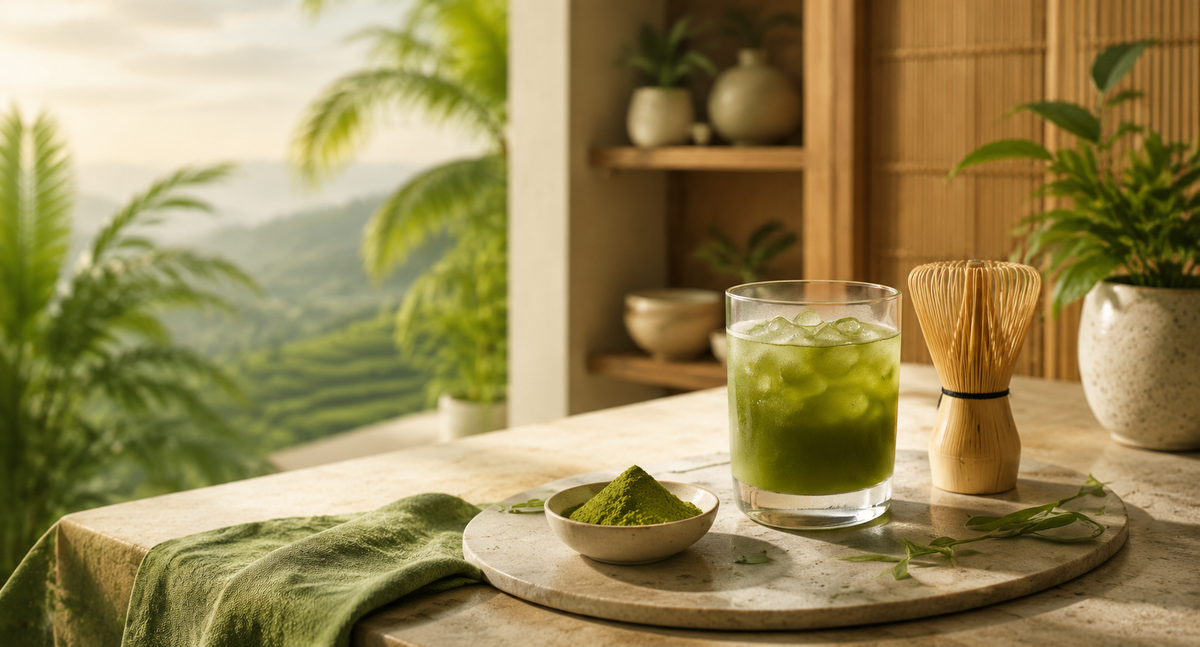 Premium ceremonial matcha preparation with green tea powder, matcha drink and bamboo whisk in a natural tea setting