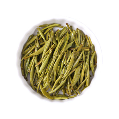 Enshi Gongya green tea infused leaves showing fresh tender tea buds and leaves with natural green color after brewing from Enshi, Hubei, China