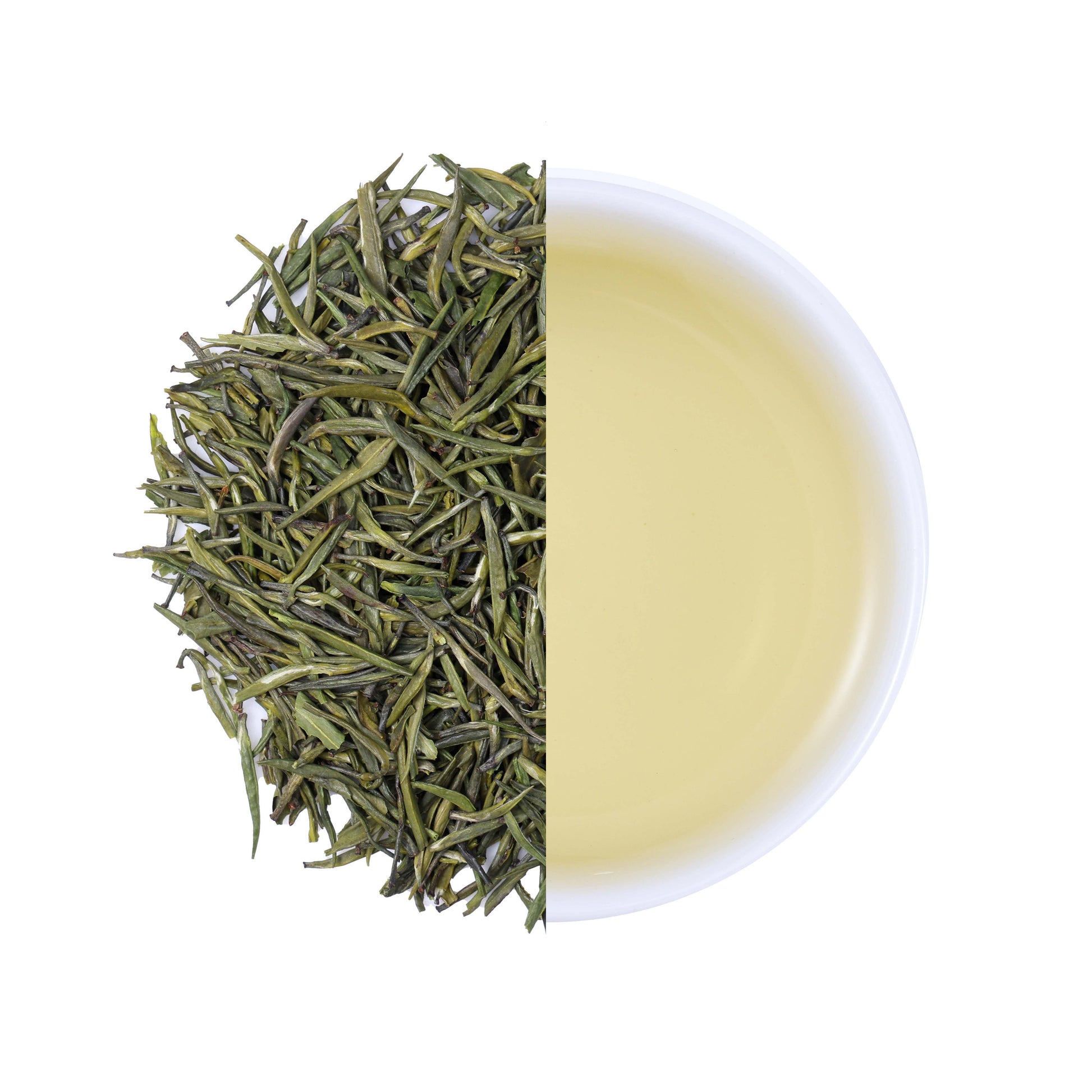 Premium Enshi Gongya Green Tea from Hubei, China, featuring delicate tea buds and fresh loose leaf green tea with a light golden infusion
