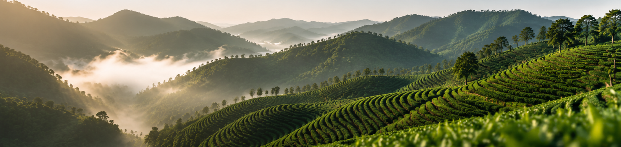 Misty high mountain tea plantation in Enshi Hubei China, showing green tea gardens surrounded by mountains and clouds