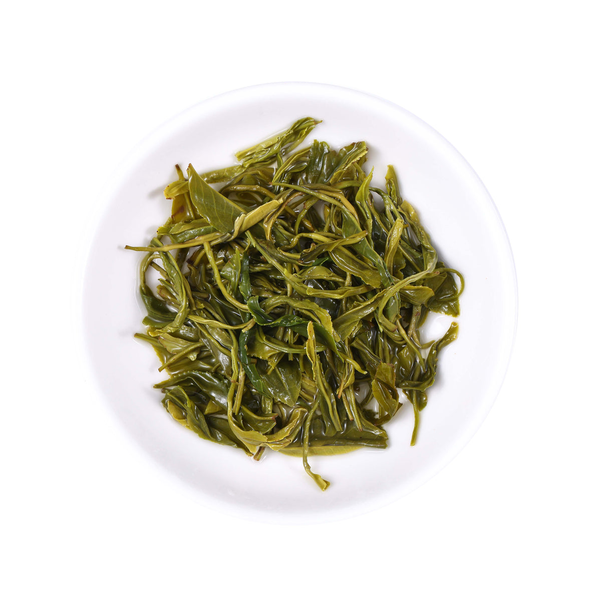 Enshi Selenium Rich Green Tea Grade 2 infused leaves from Hubei, China, featuring tender expanded green tea leaves with a fresh green color after brewing