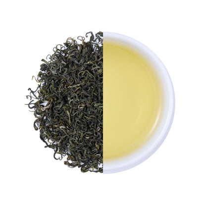 Premium Enshi Selenium Rich Green Tea from Hubei, China, featuring curled loose leaf tea and a clear light green tea infusion with a fresh aroma