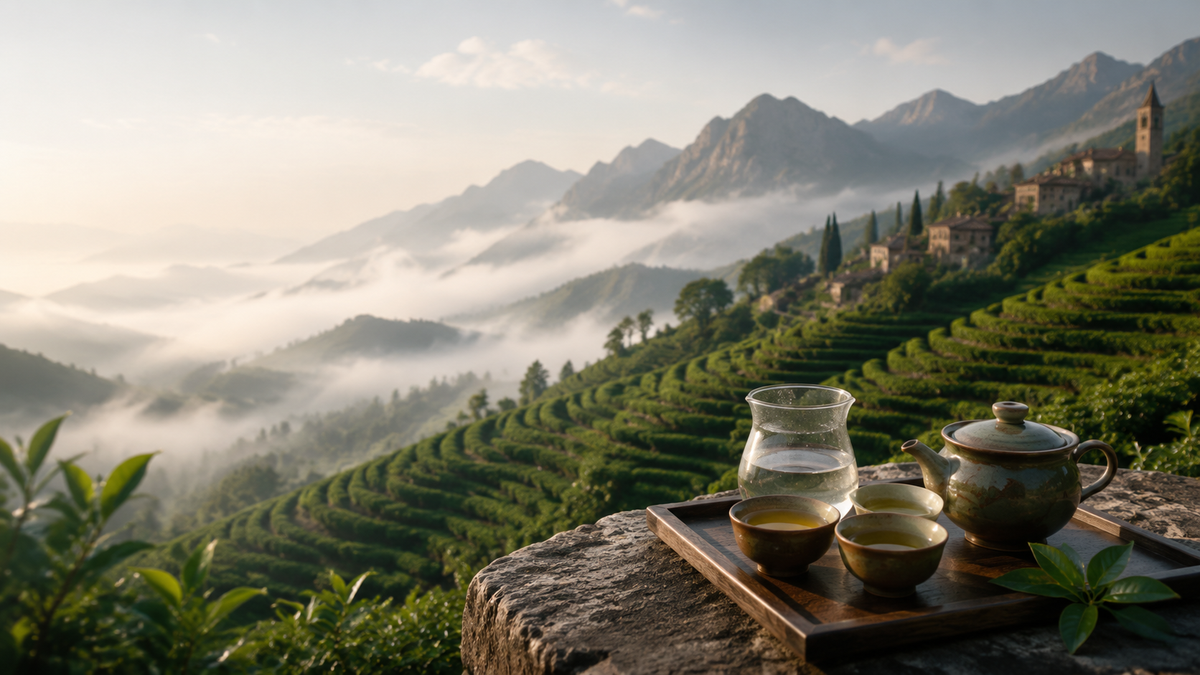Enshi tea mountain origin with misty tea gardens and traditional Chinese tea ceremony landscape in Hubei China
