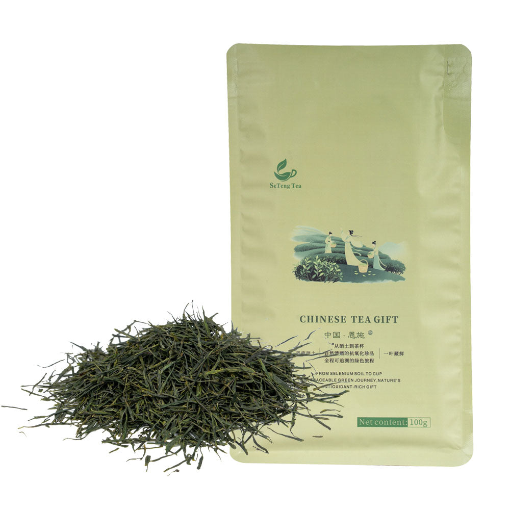 Premium Enshi Yulu green tea in a gold tea canister with loose leaf tea, high-mountain Chinese green tea from Hubei, China