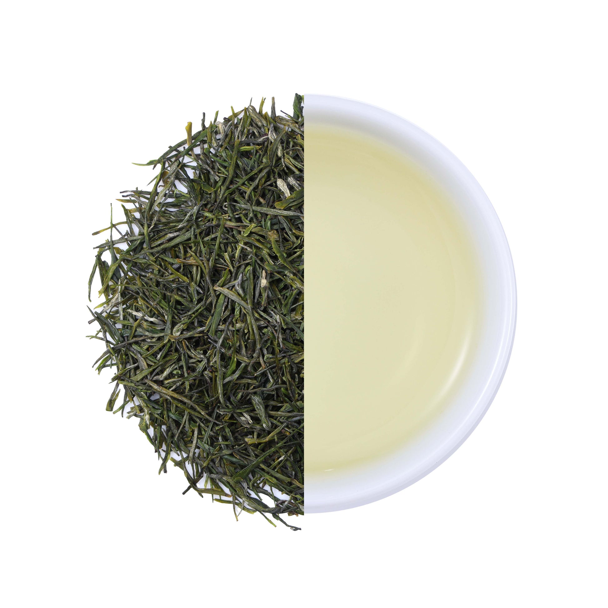 Premium Enshi Yulu Green Tea from Hubei, China, featuring delicate needle-shaped tea leaves and a clear light green tea infusion