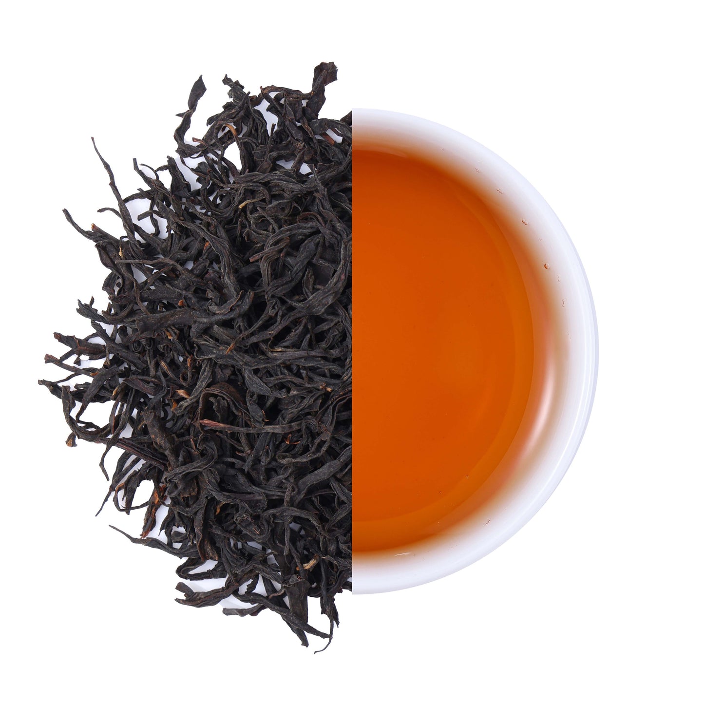 Premium Gaoshan Selenium Rich Black Tea from Hubei, China, featuring twisted loose leaf tea and a bright amber-red tea infusion with a rich aroma