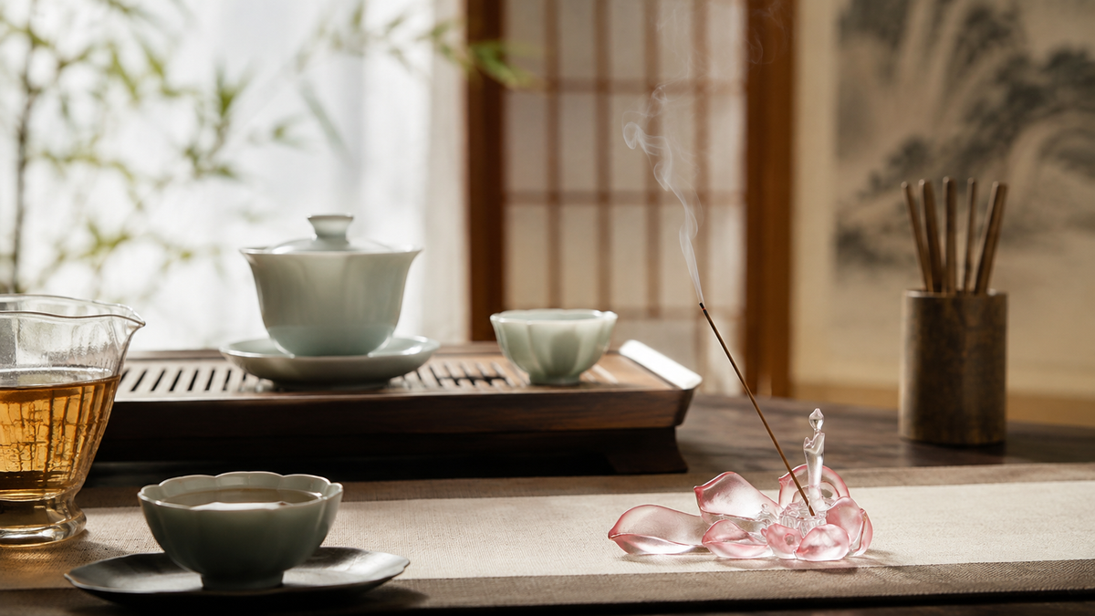 Handcrafted pink Chinese liuli lotus incense holder with burning incense beside a traditional Gongfu tea set.