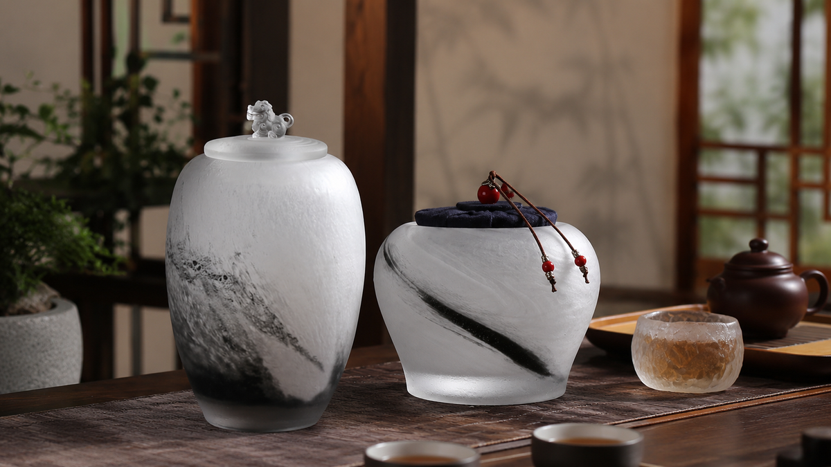 Handcrafted Chinese liuli tea storage jars with black ink-wash patterns displayed in a traditional tea room.