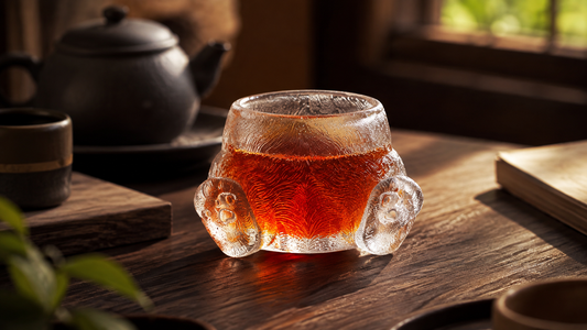 Handcrafted Chinese liuli glass tea cup with sculpted animal-inspired details, filled with amber tea in a traditional tea room setting.