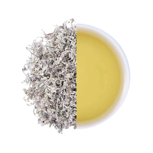 Premium Laifeng Vine Tea buds and golden tea infusion comparison, showcasing the delicate tea buds and natural characteristics of caffeine-free herbal tea from Hubei, China
