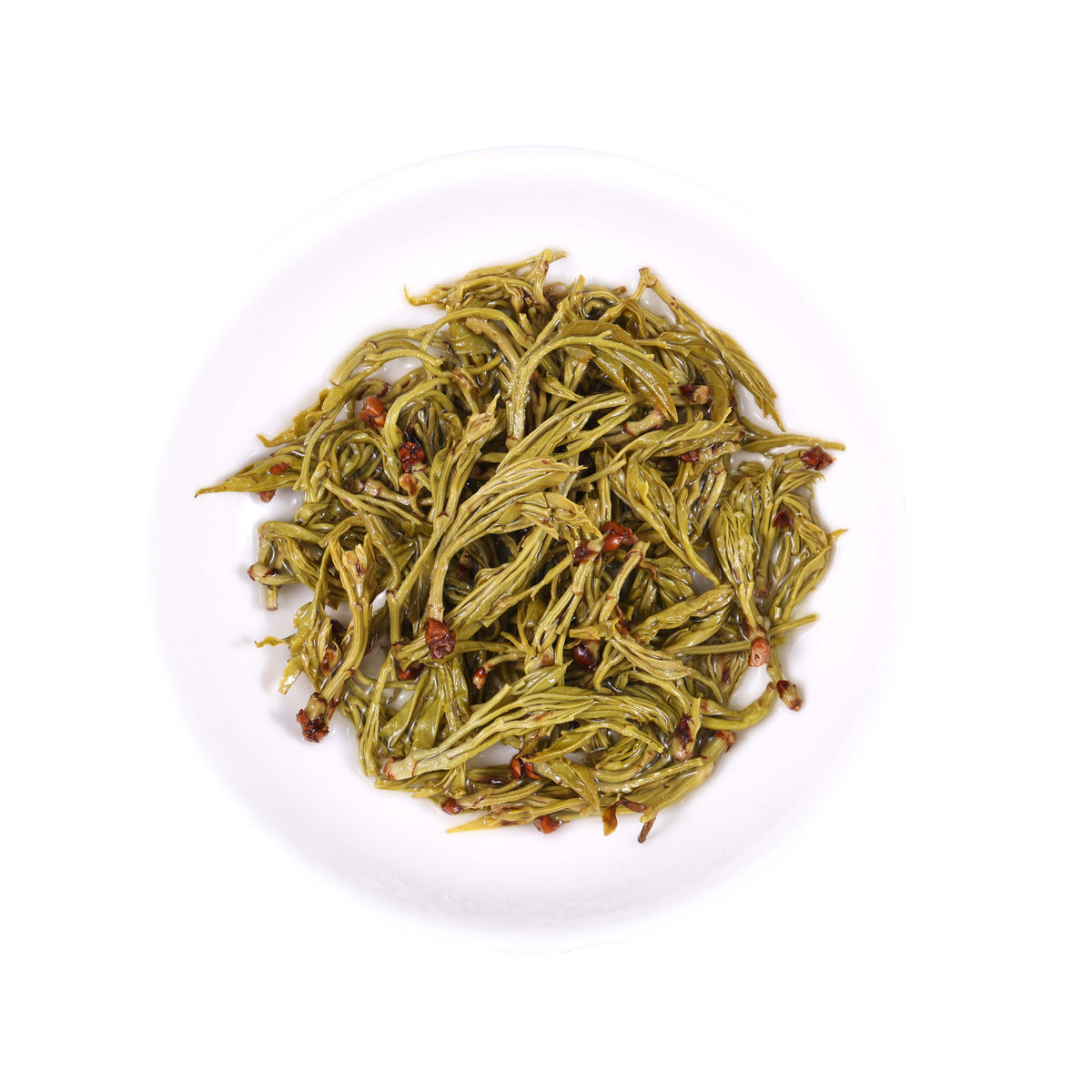 Laifeng Vine Tea buds infused leaves from Hubei, China, featuring tender expanded tea buds with a natural yellow-green color after brewing