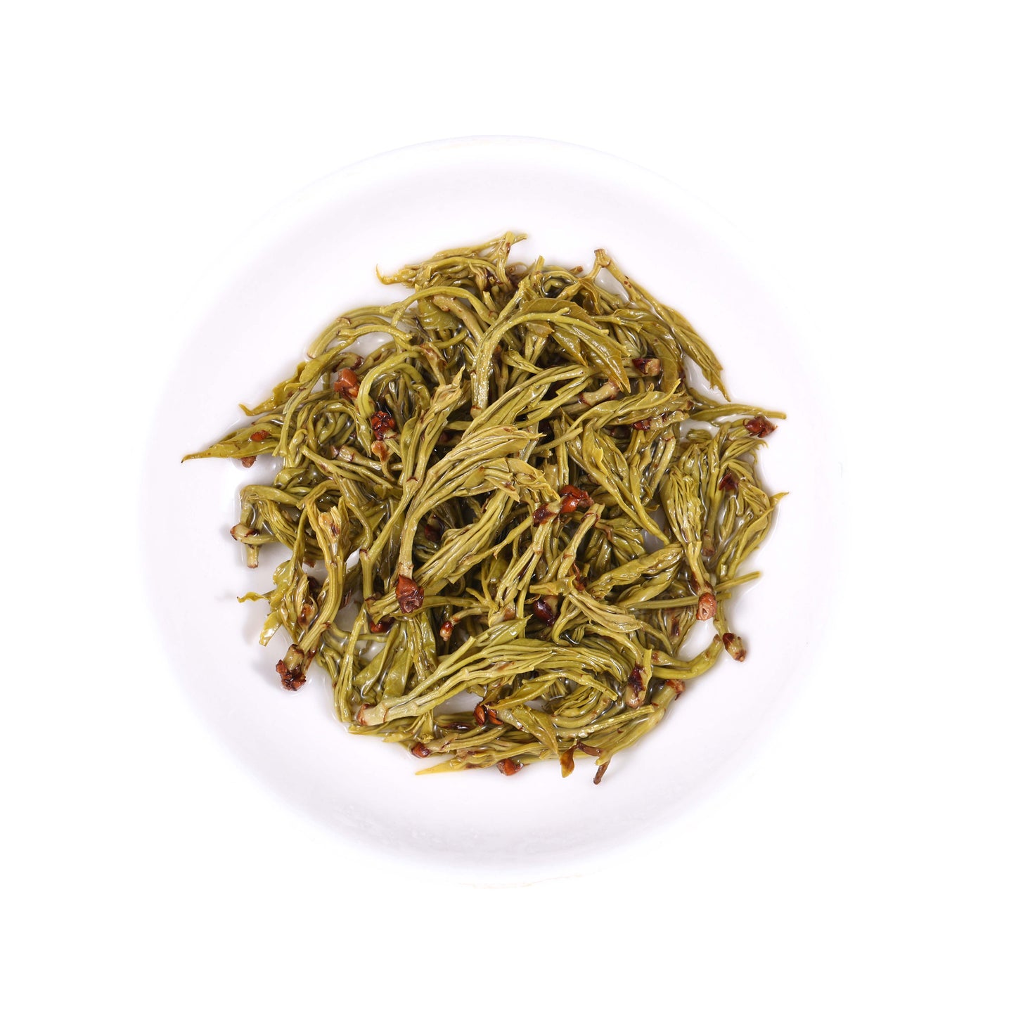 Laifeng Vine Tea buds infused leaves from Hubei, China, featuring tender expanded tea buds with a natural yellow-green color after brewing