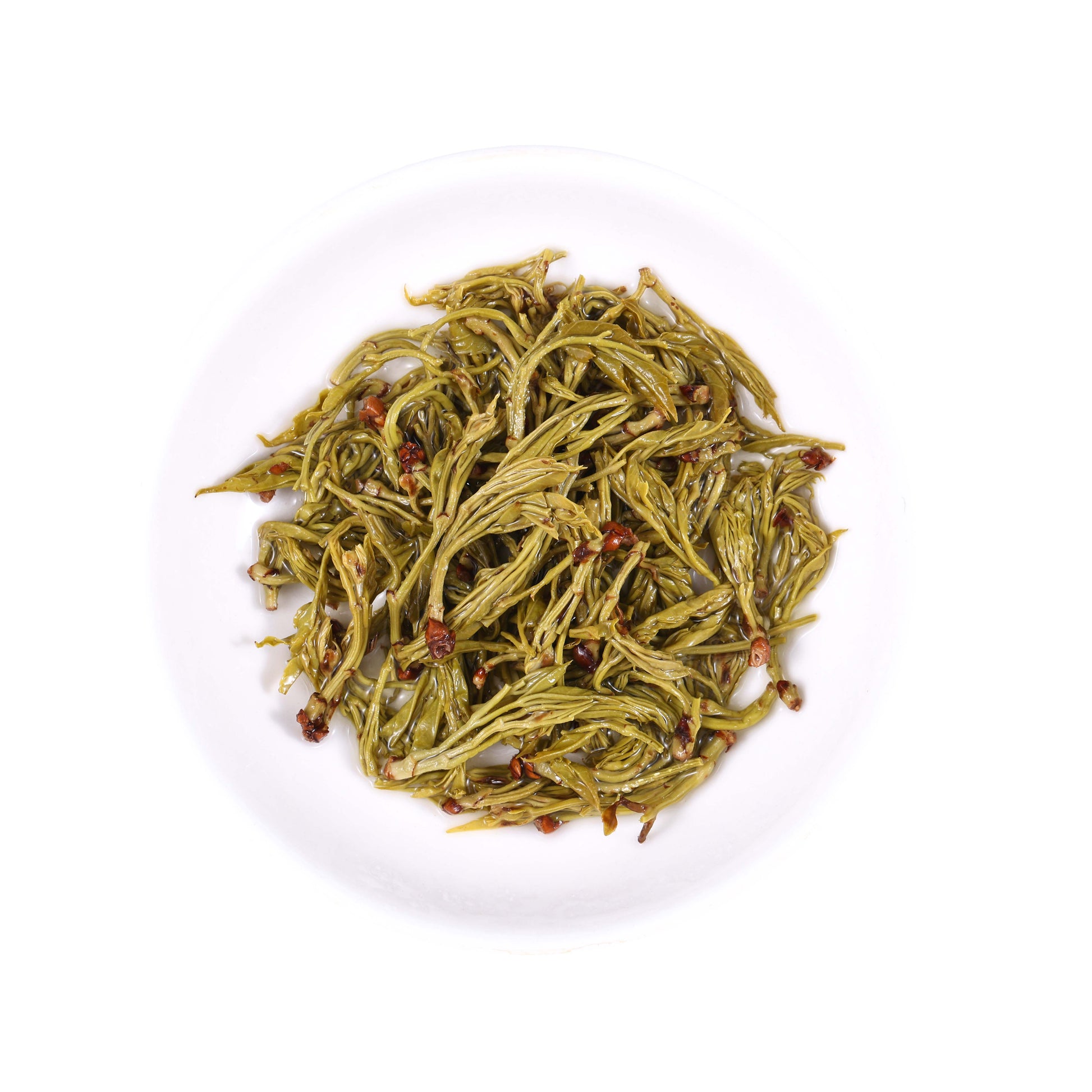 Laifeng Vine Tea buds infused leaves from Hubei, China, featuring tender expanded tea buds with a natural yellow-green color after brewing