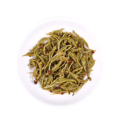 Laifeng Vine Tea buds infused leaves from Hubei, China, featuring tender expanded tea buds with a natural yellow-green color after brewing