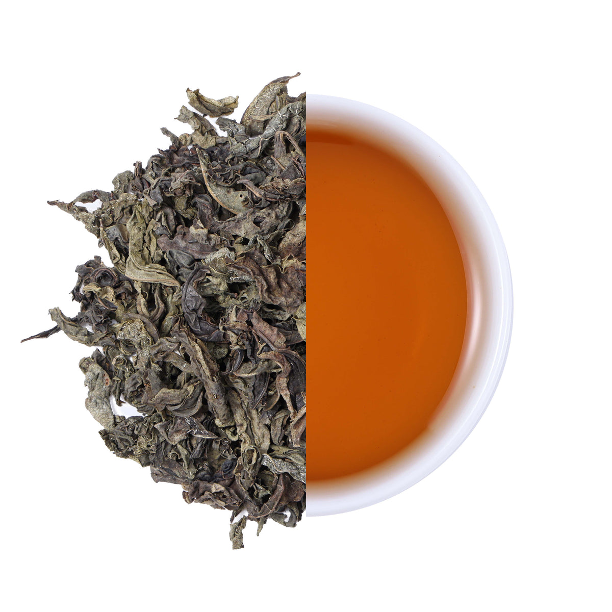 Premium Laifeng Vine Tea large leaves and amber tea infusion comparison, showcasing the natural leaf texture and rich flavor of caffeine-free herbal tea from Hubei, China