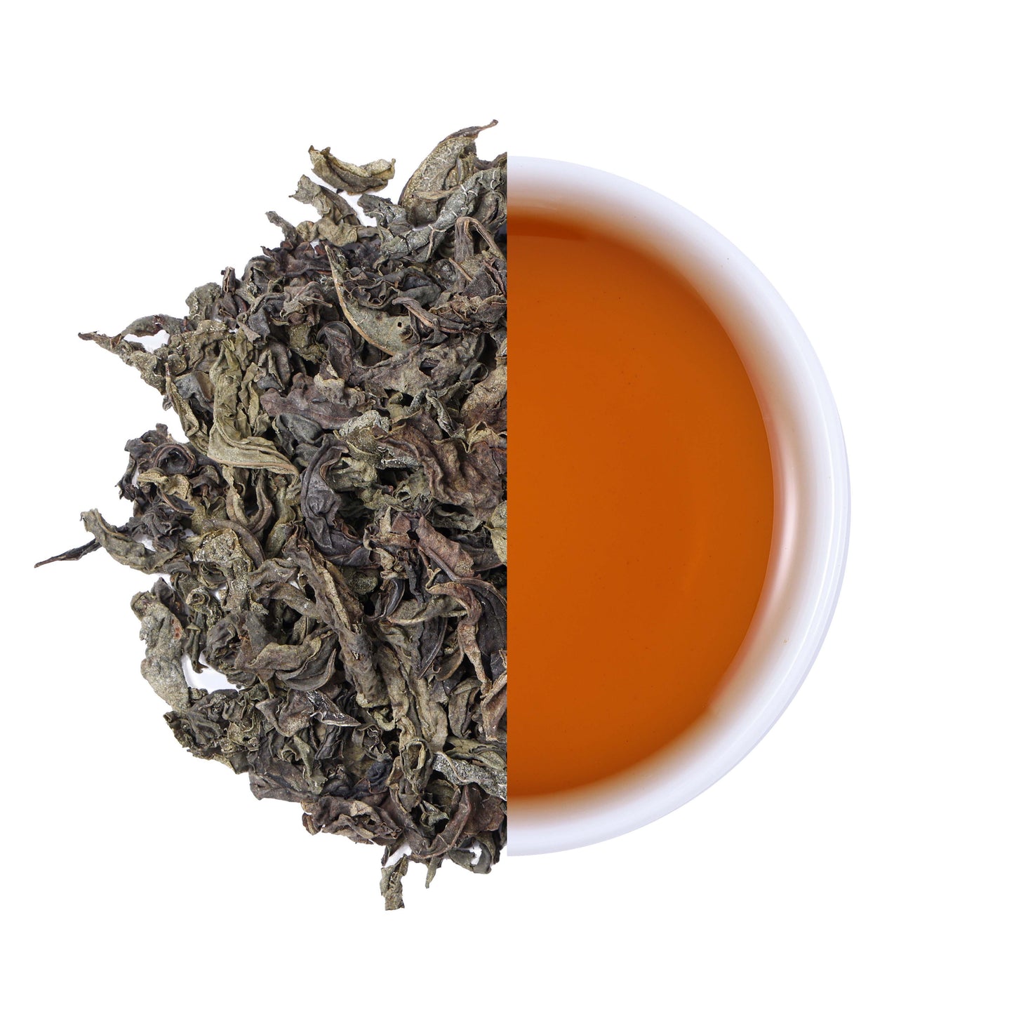 Premium Laifeng Vine Tea large leaves and amber tea infusion comparison, showcasing the natural leaf texture and rich flavor of caffeine-free herbal tea from Hubei, China