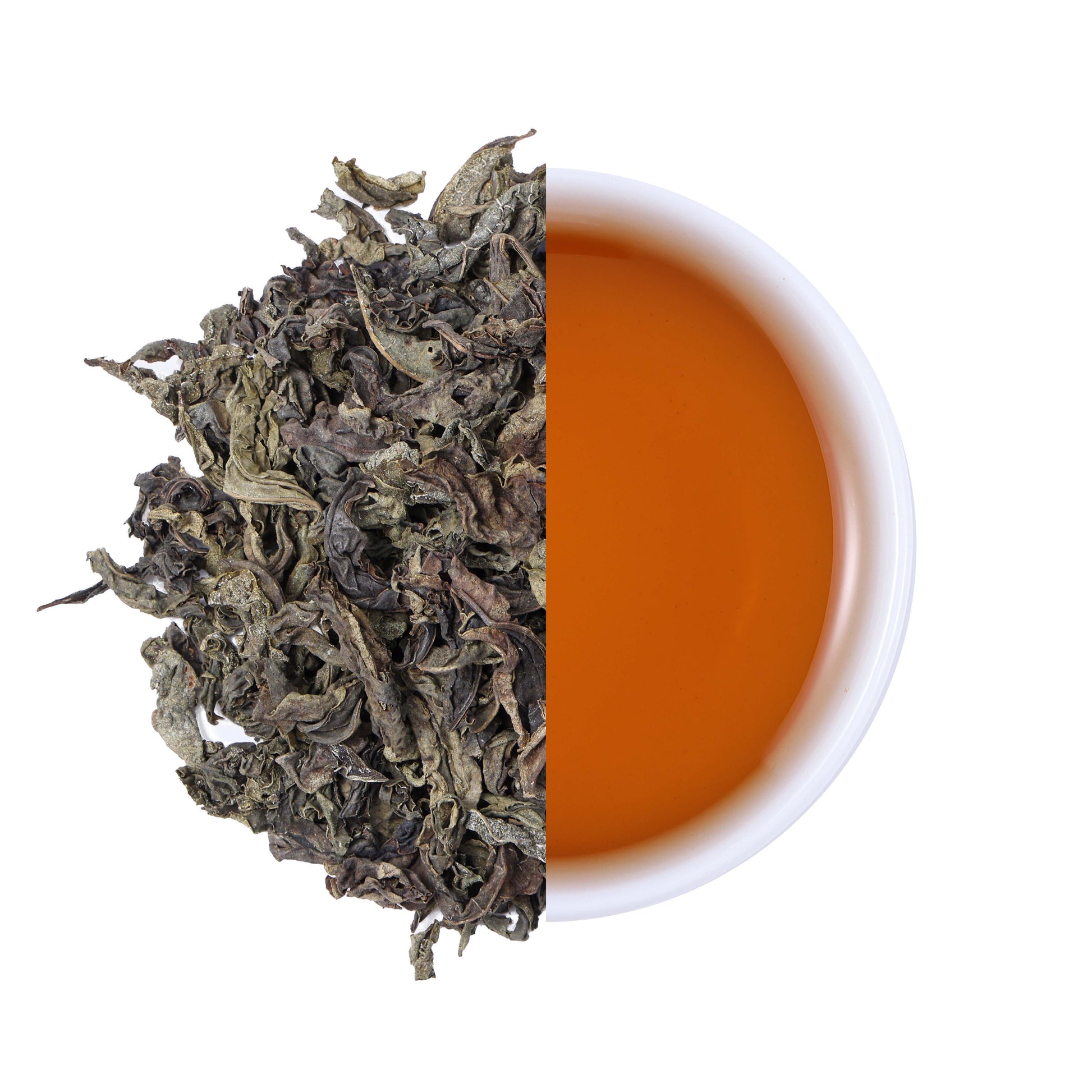 Premium Laifeng Vine Tea large leaves and amber tea infusion comparison, showcasing the natural leaf texture and rich flavor of caffeine-free herbal tea from Hubei, China