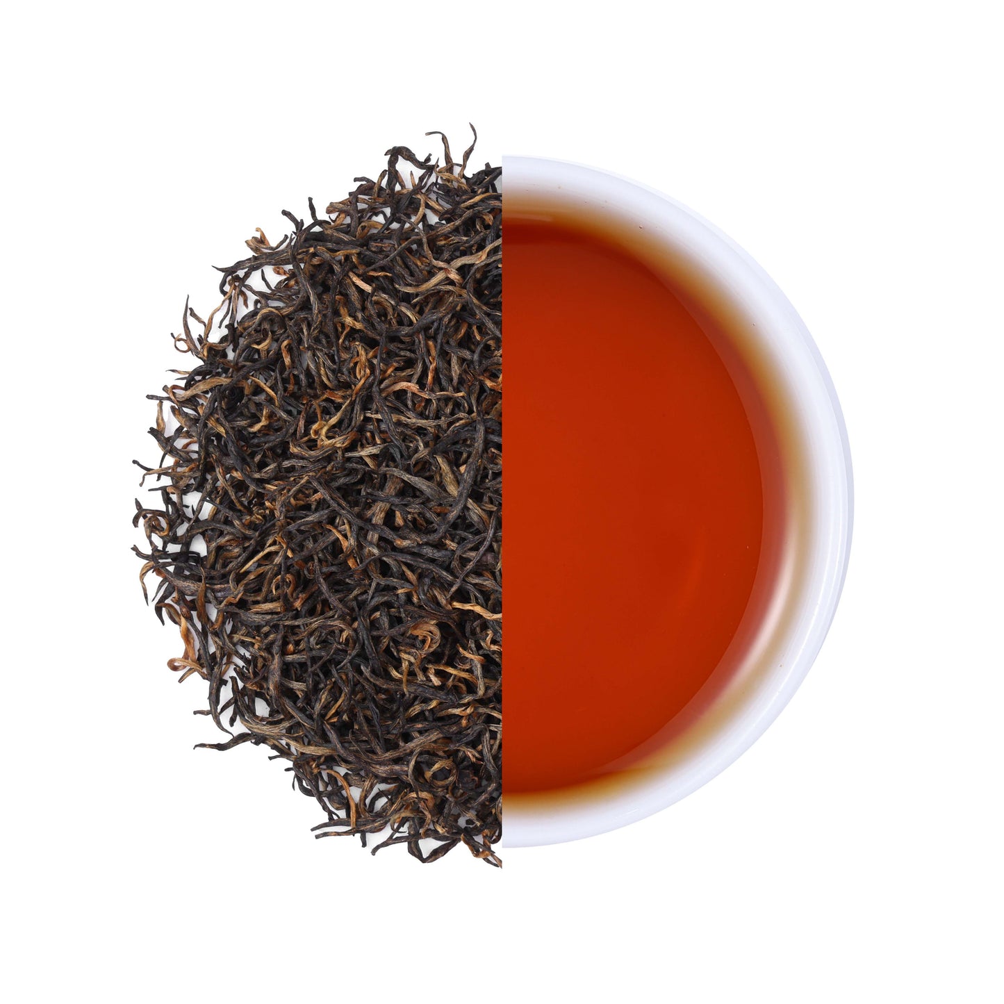 Premium Lichuan Gongfu Black Tea from Hubei, China, featuring twisted loose leaf tea with golden tips and a rich amber-red tea infusion