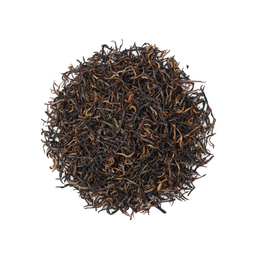 Premium Lichuan Gongfu Black Tea from Hubei, China, featuring fine twisted loose tea leaves with golden tips and a rich traditional black tea character