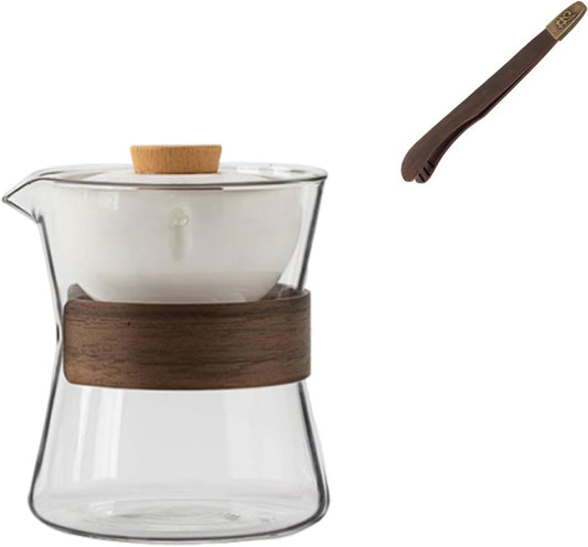 Elegant glass and ceramic tea maker set designed for the perfect brewing of premium loose leaf teas, complete with traditional tea tweezers.