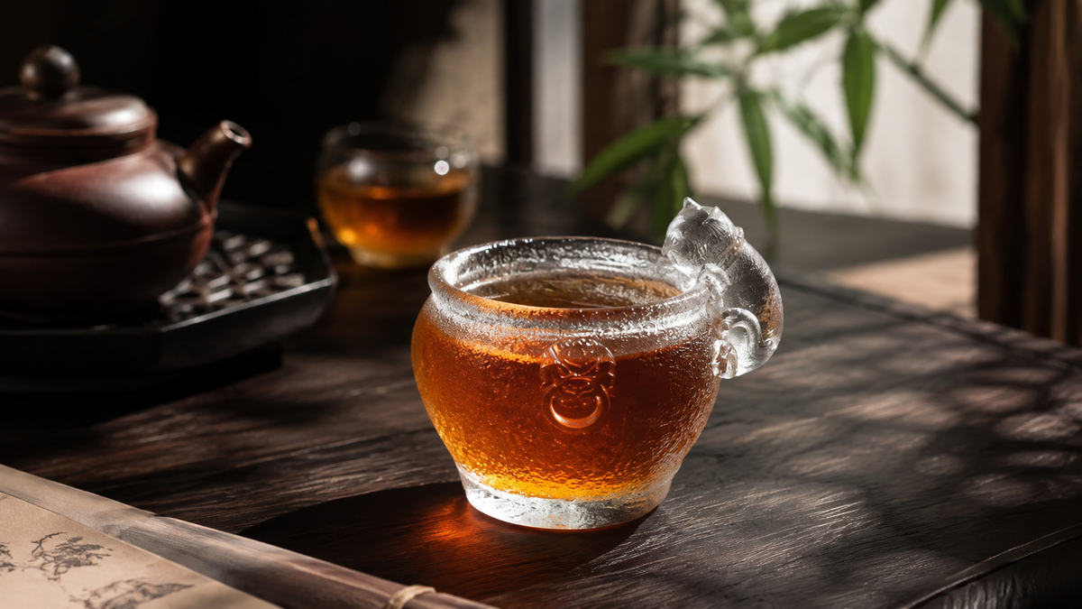 Handcrafted Menhai Imperial Cat liuli tea cup filled with amber tea, featuring a clear cat-shaped handle in a traditional Chinese tea setting.
