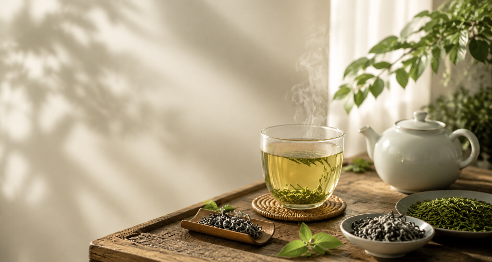 Chinese tea lifestyle scene with green tea cup, loose leaf tea and traditional tea ware creating a calm mindful tea moment