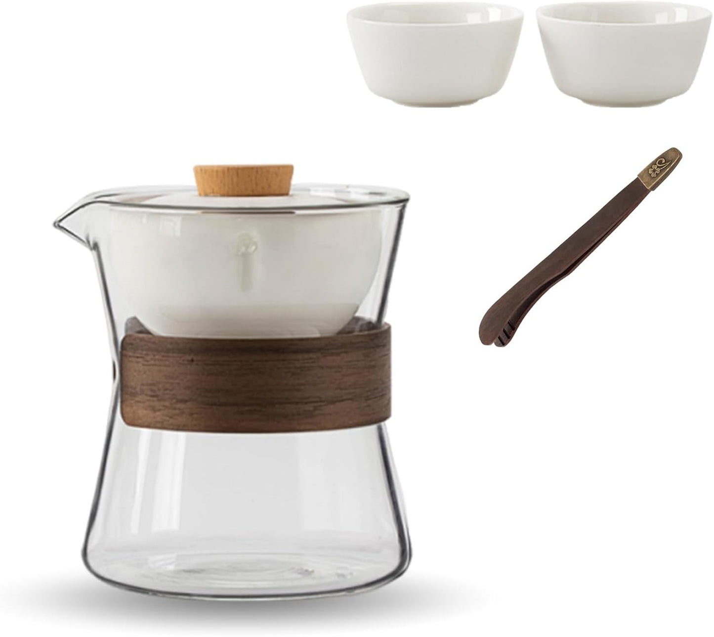 Complete modern minimalist tea set featuring a glass pitcher, white ceramic infuser, heat-resistant wooden band, traditional tea tongs, and two matching tasting cups.