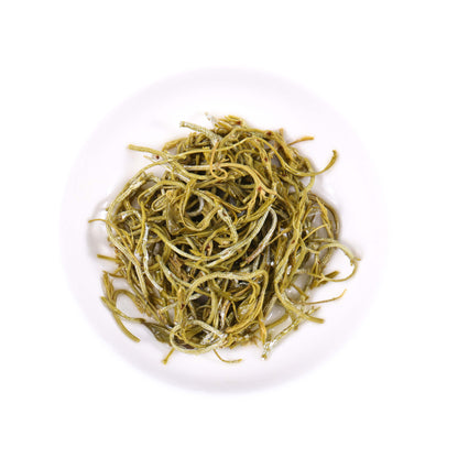 Organic Premium Dragon Whisker Laifeng Vine Tea infused leaves from Hubei, China, featuring delicate slender tea shoots with a natural golden-green color after brewing