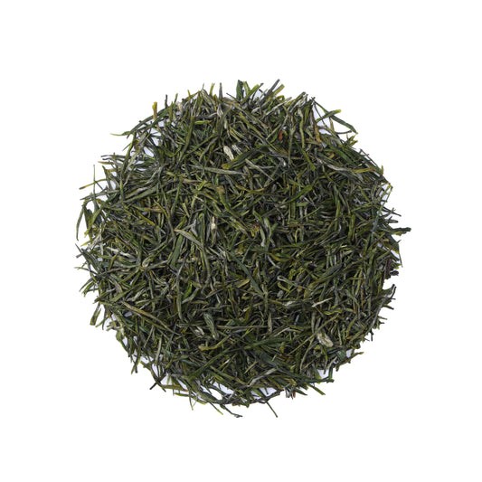 Premium Enshi Yulu Green Tea from Hubei, China, featuring fine needle-shaped loose tea leaves with a vibrant green color and delicate appearance