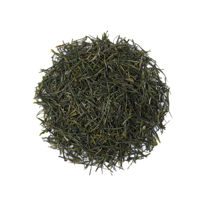 Premium Grade Enshi Yulu Green Tea from Hubei, China, featuring fine needle-shaped loose leaves with a vibrant green color and elegant appearance