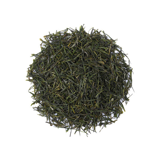 Premium Grade Enshi Yulu Green Tea from Hubei, China, featuring fine needle-shaped loose leaves with a vibrant green color and elegant appearance