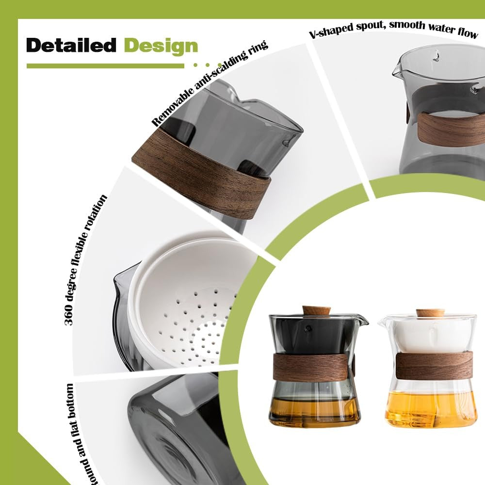 A detailed design infographic of the SeTeng tea maker, highlighting its removable anti-scalding ring, V-shaped spout, 360-degree flexible rotation, and stable flat bottom.