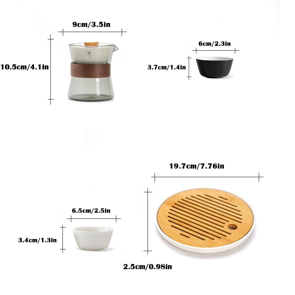 Detailed dimensions infographic of the SeTeng tea set, showing the height and diameter of the glass pitcher, teacups, and bamboo tray in cm and inches.