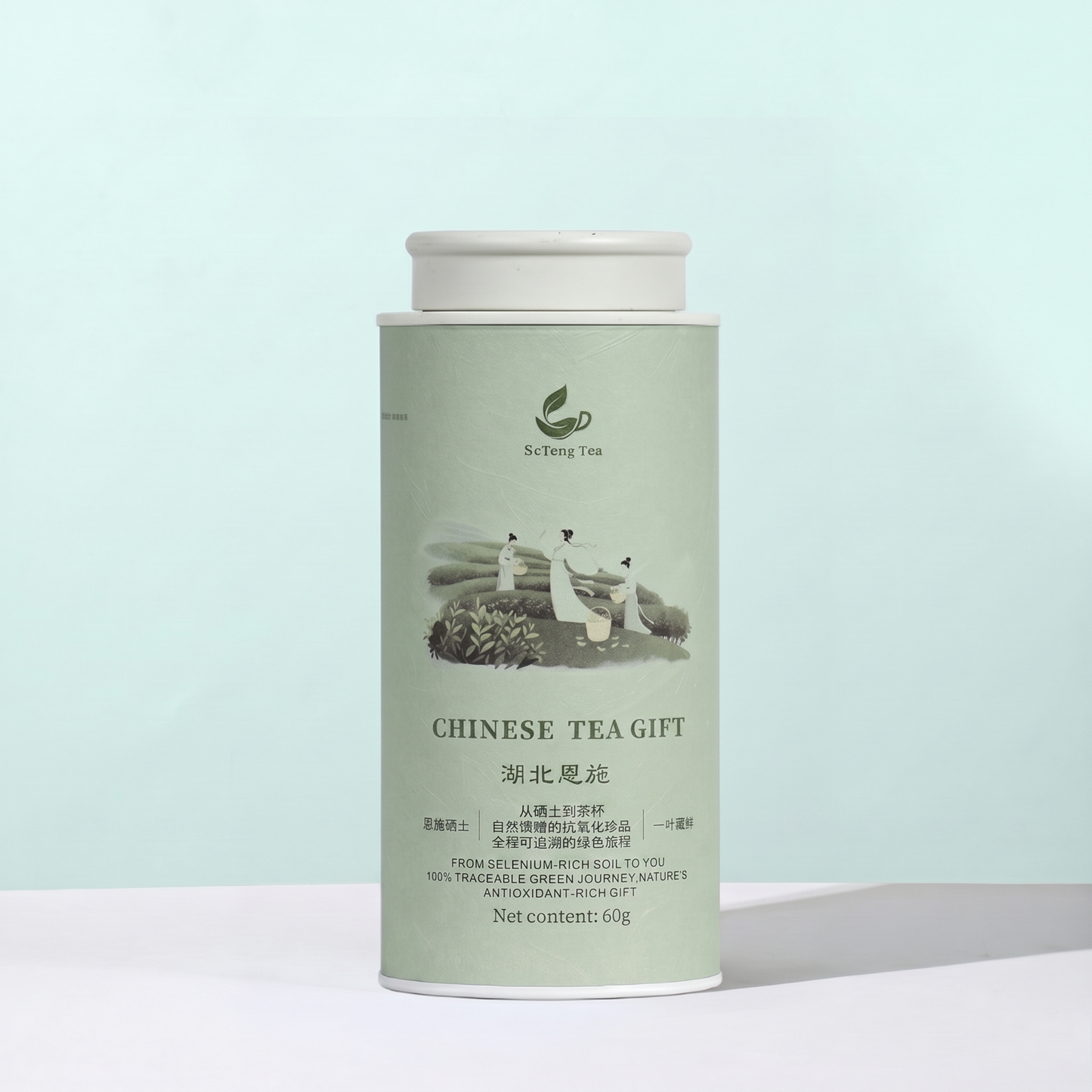 A light green canister of Teng Cha, offering a natural caffeine-free herbal infusion in safe, microplastic-free corn fiber bags.