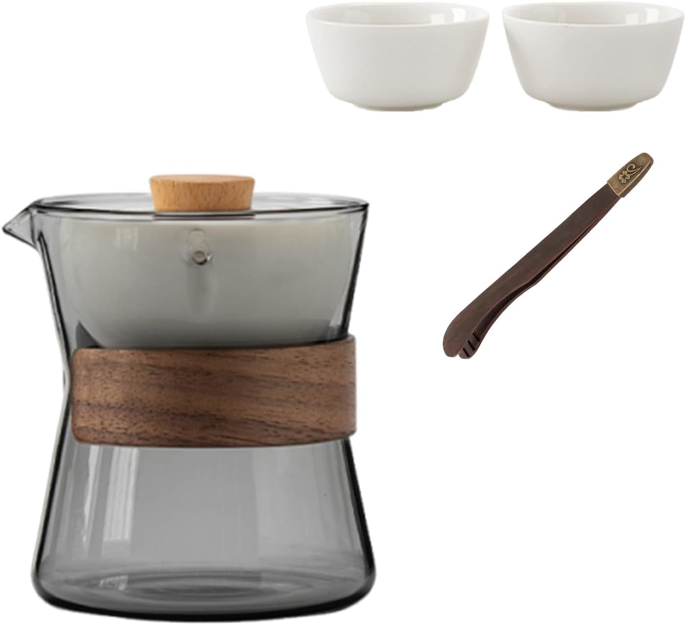 Complete modern tea set featuring a smoked glass pitcher, muted grey ceramic infuser, wooden tongs, and two contrasting white tasting cups for sharing.
