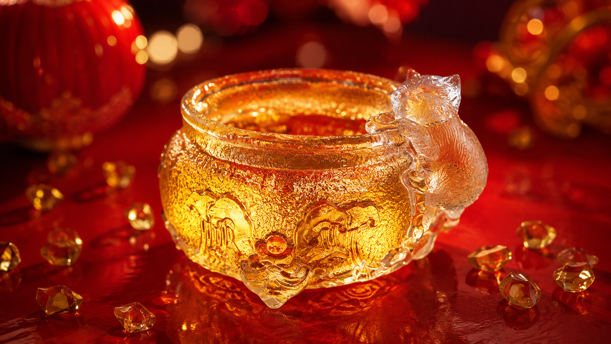Golden Chinese liuli Treasure-Gathering Imperial Cat tea cup with a clear cat-shaped handle and traditional wave motifs.
