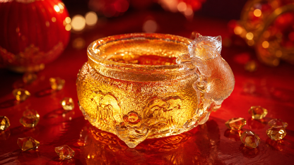Golden Chinese liuli Treasure-Gathering Imperial Cat tea cup with a clear cat-shaped handle and traditional wave motifs.