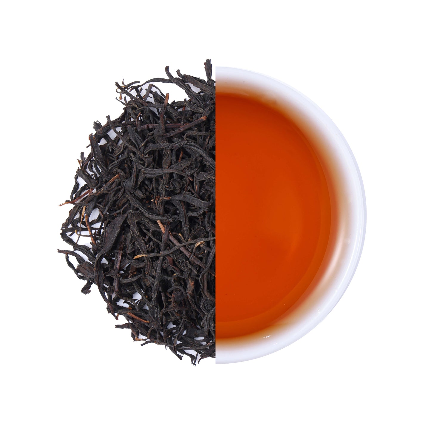 Premium wild-grown black tea from China, featuring natural loose leaf tea leaves and a rich amber-red tea infusion with a deep aroma