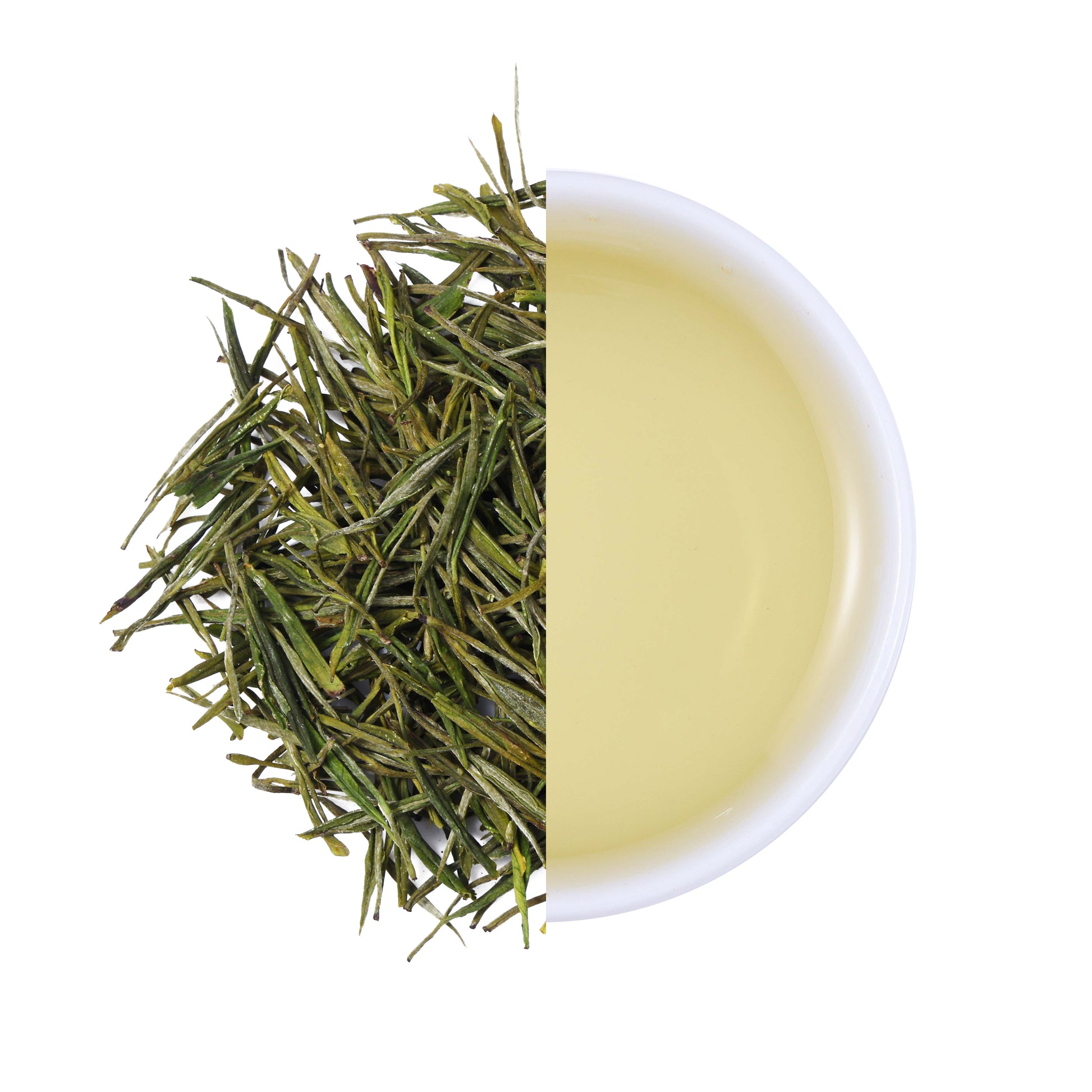 Premium Xianfeng Anji Bai Cha Green Tea from Hubei, China, featuring delicate needle-shaped tea leaves and a clear light yellow-green tea infusion