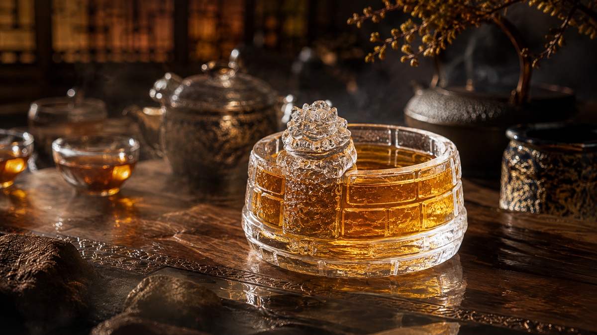 Handcrafted Xihu Longjing Chinese liuli tea cup with a Great Wall design and clear guardian lion decoration, filled with amber tea.